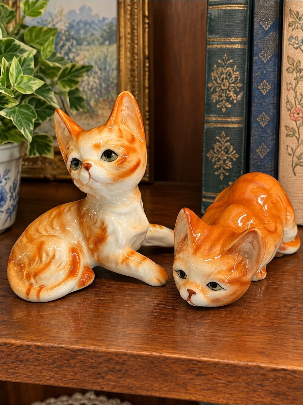 Vintage Bone China Orange Ceramic Cat Figurine Set Decorative Accents Taiwan